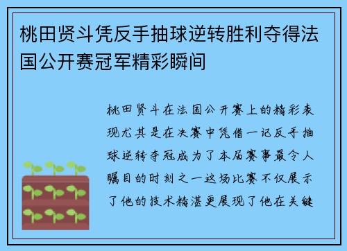 桃田贤斗凭反手抽球逆转胜利夺得法国公开赛冠军精彩瞬间